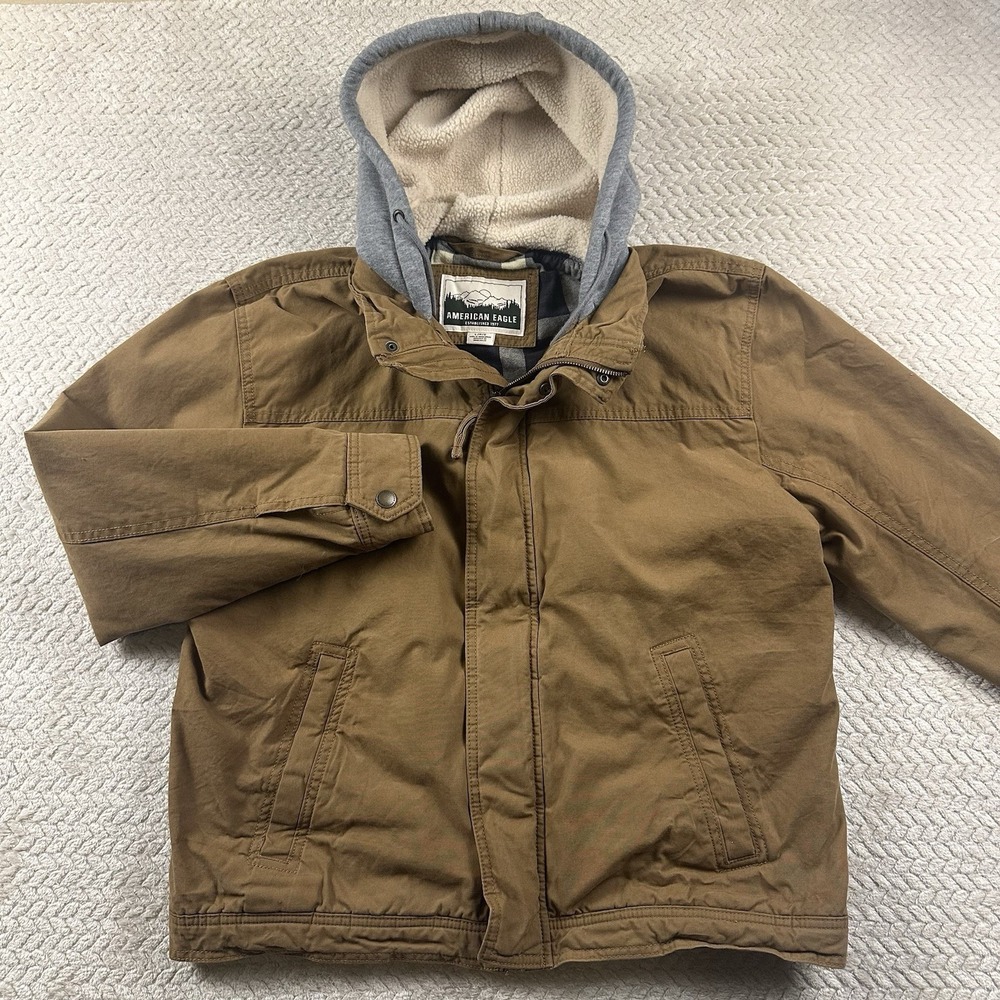 American Eagle Sherpa Lined Mens Canvas Hooded Parka Jacket Large Brown Workwear